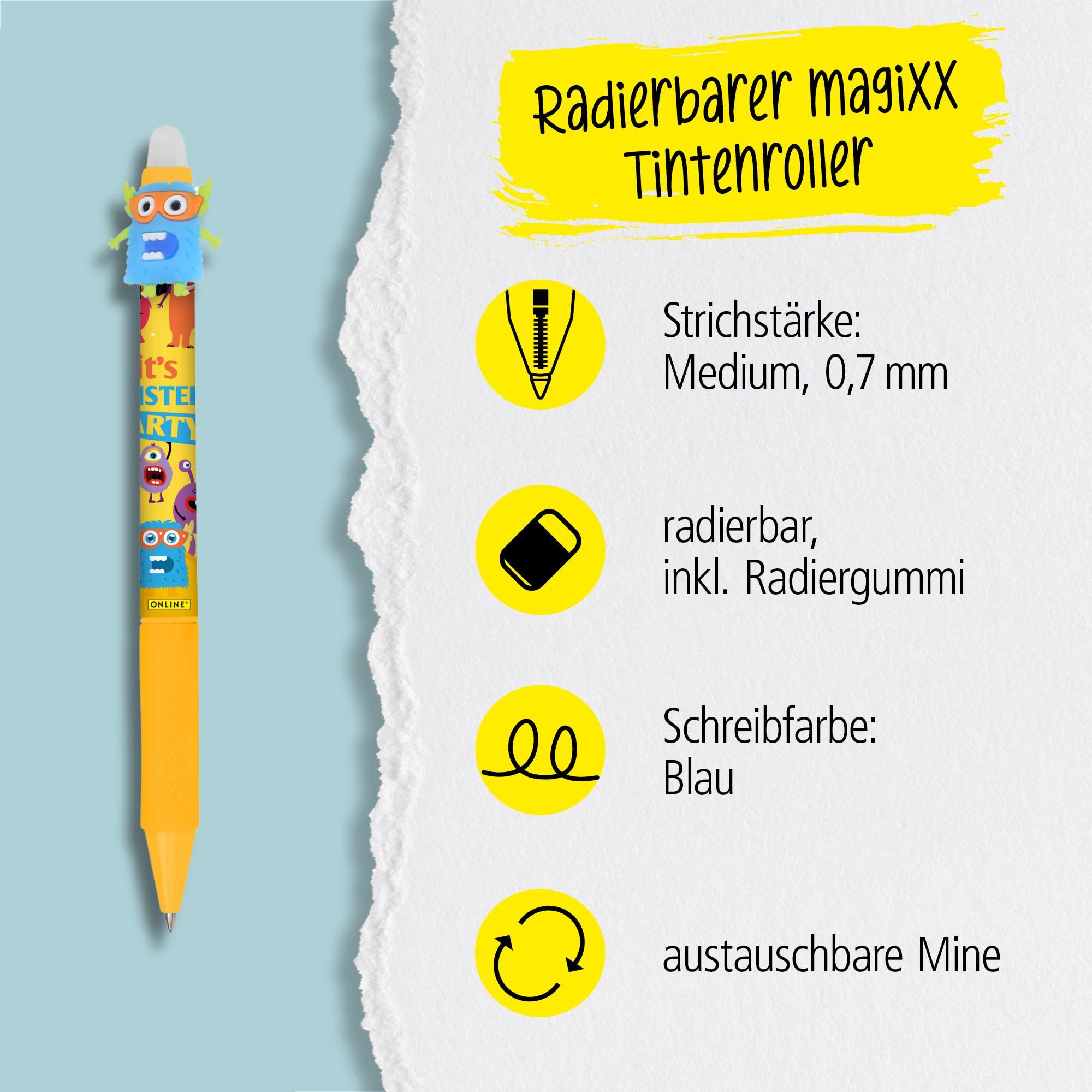 Eine austauschbare Mine und radierbare Tinte in der Schreibfarbe Blau zeichnet unsere magiXX aus