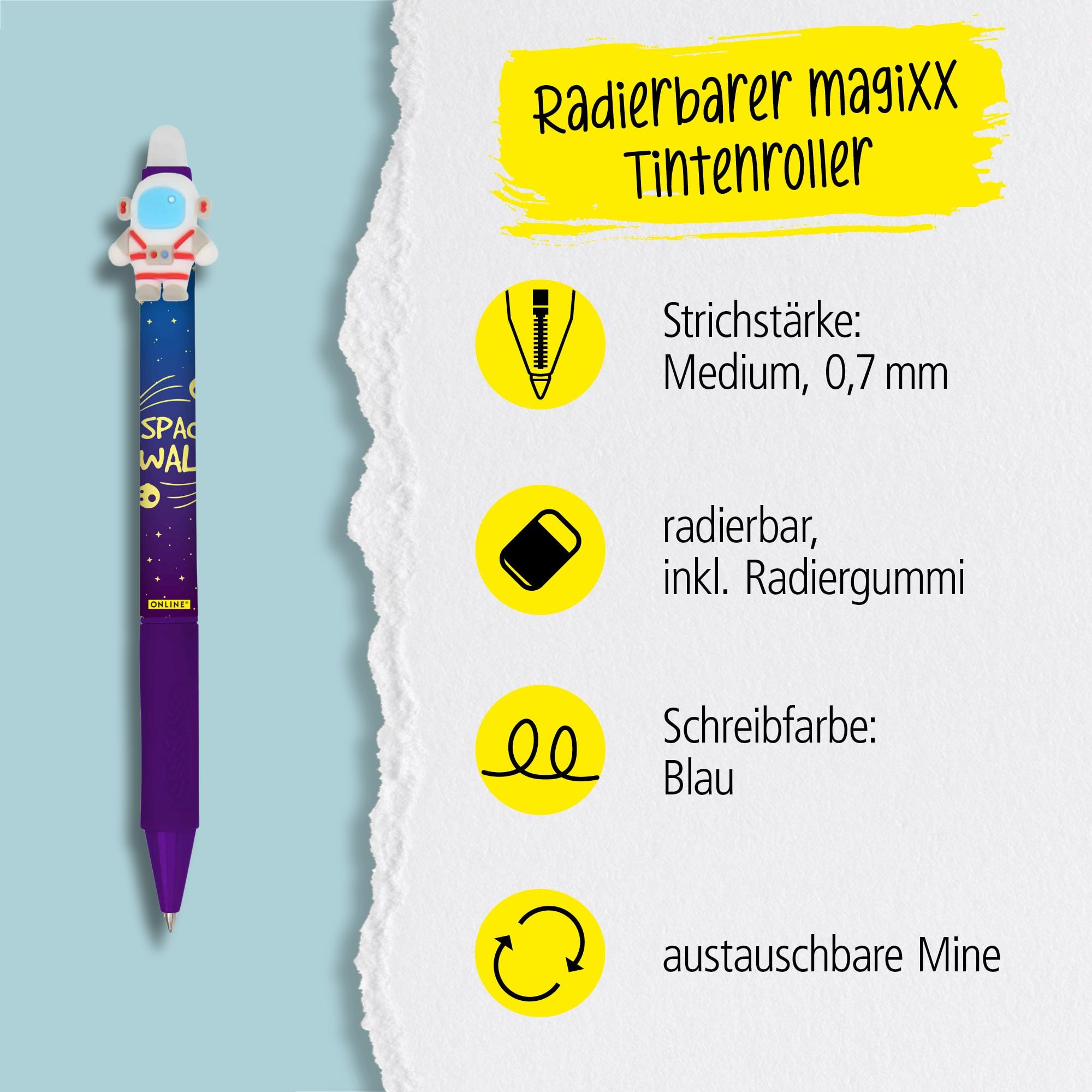 Eine austauschbare Mine und radierbare Tinte in der Schreibfarbe Blau zeichnet unsere magiXX aus