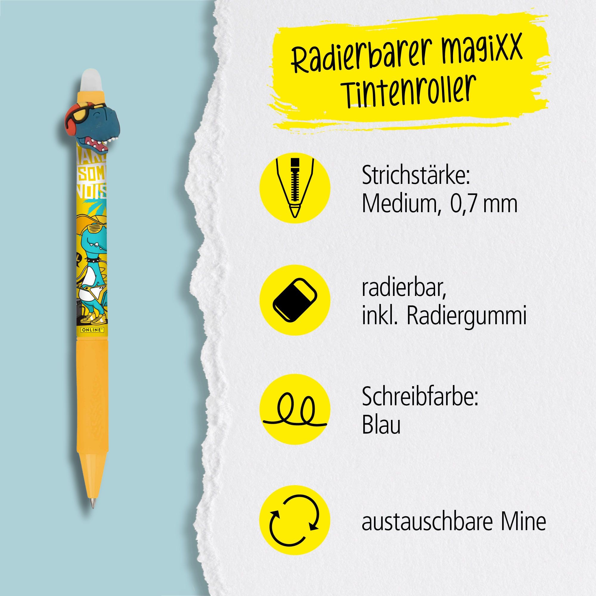 Eine austauschbare Mine und radierbare Tinte in der Schreibfarbe Blau zeichnet unsere magiXX aus