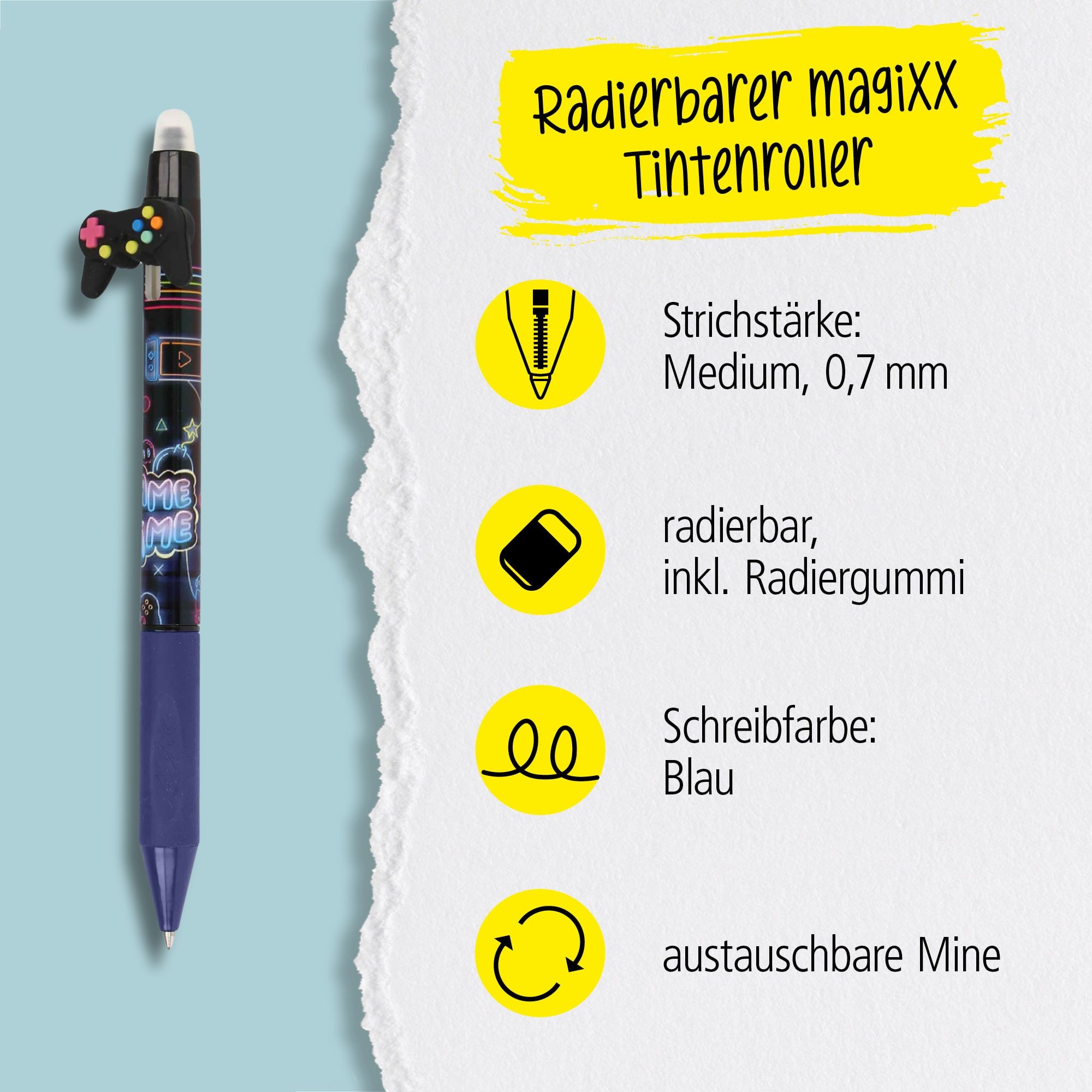 Eine austauschbare Mine und radierbare Tinte in der Schreibfarbe Blau zeichnet unsere magiXX aus