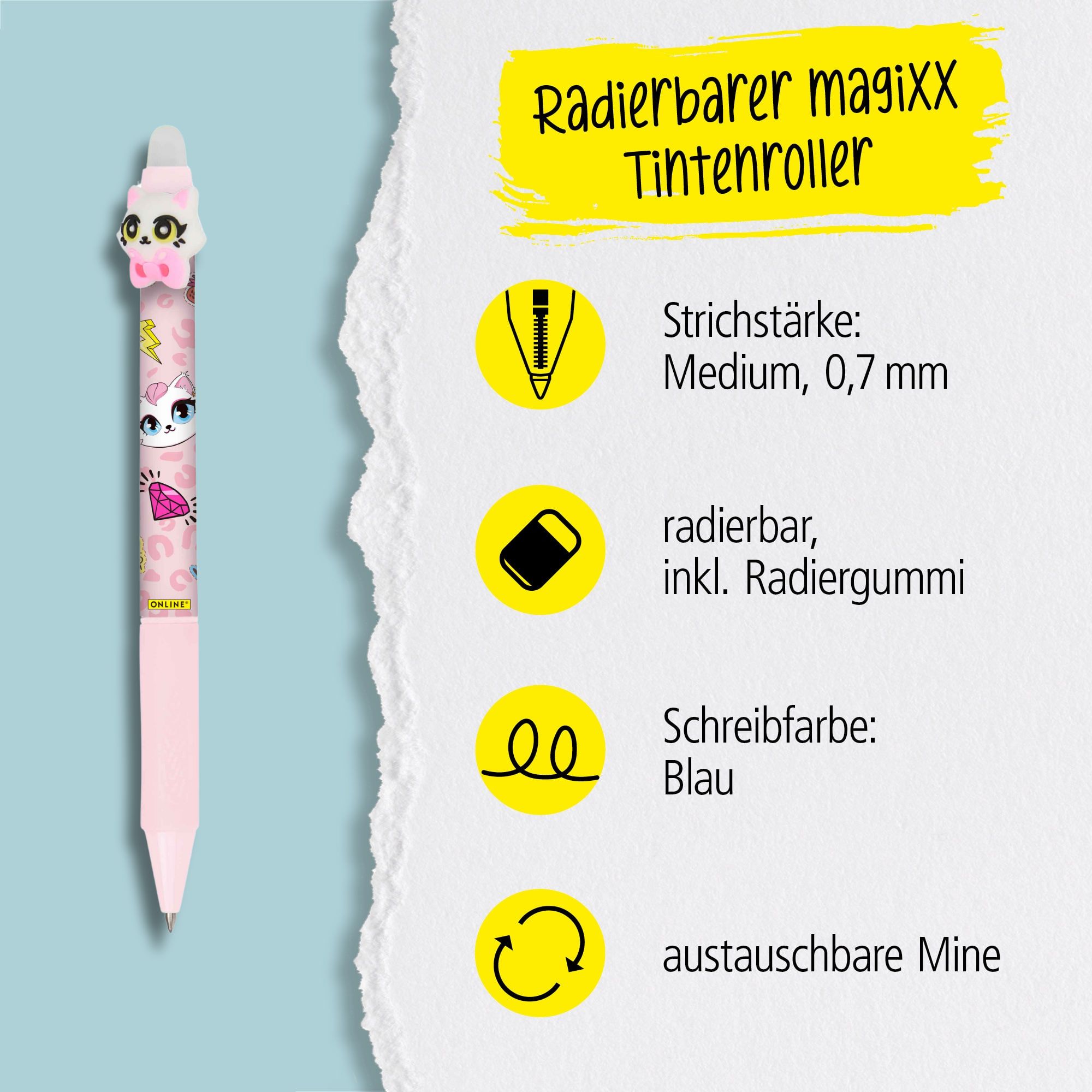 Eine austauschbare Mine und radierbare Tinte in der Schreibfarbe Blau zeichnet unsere magiXX aus