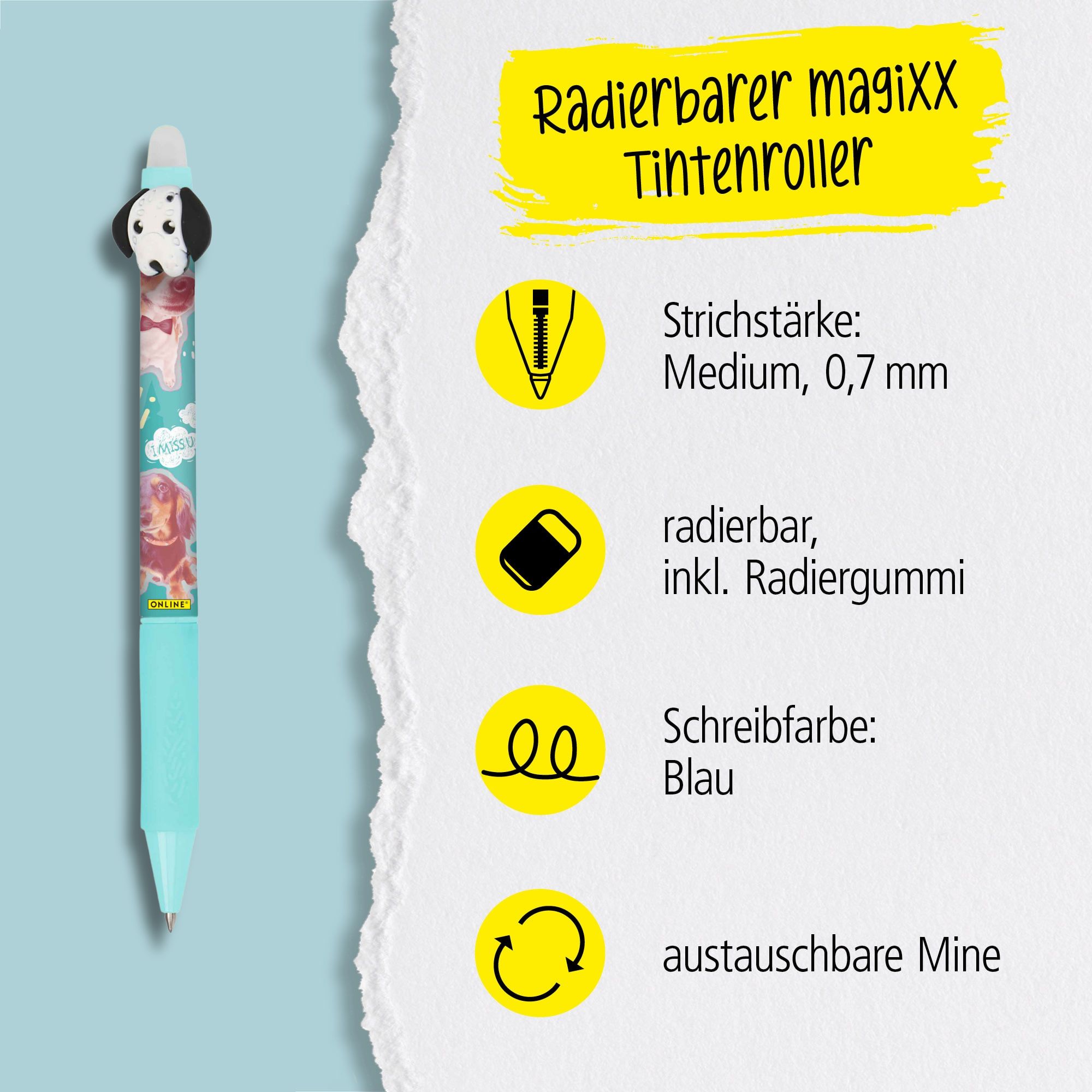 Eine austauschbare Mine und radierbare Tinte in der Schreibfarbe Blau zeichnet unsere magiXX aus