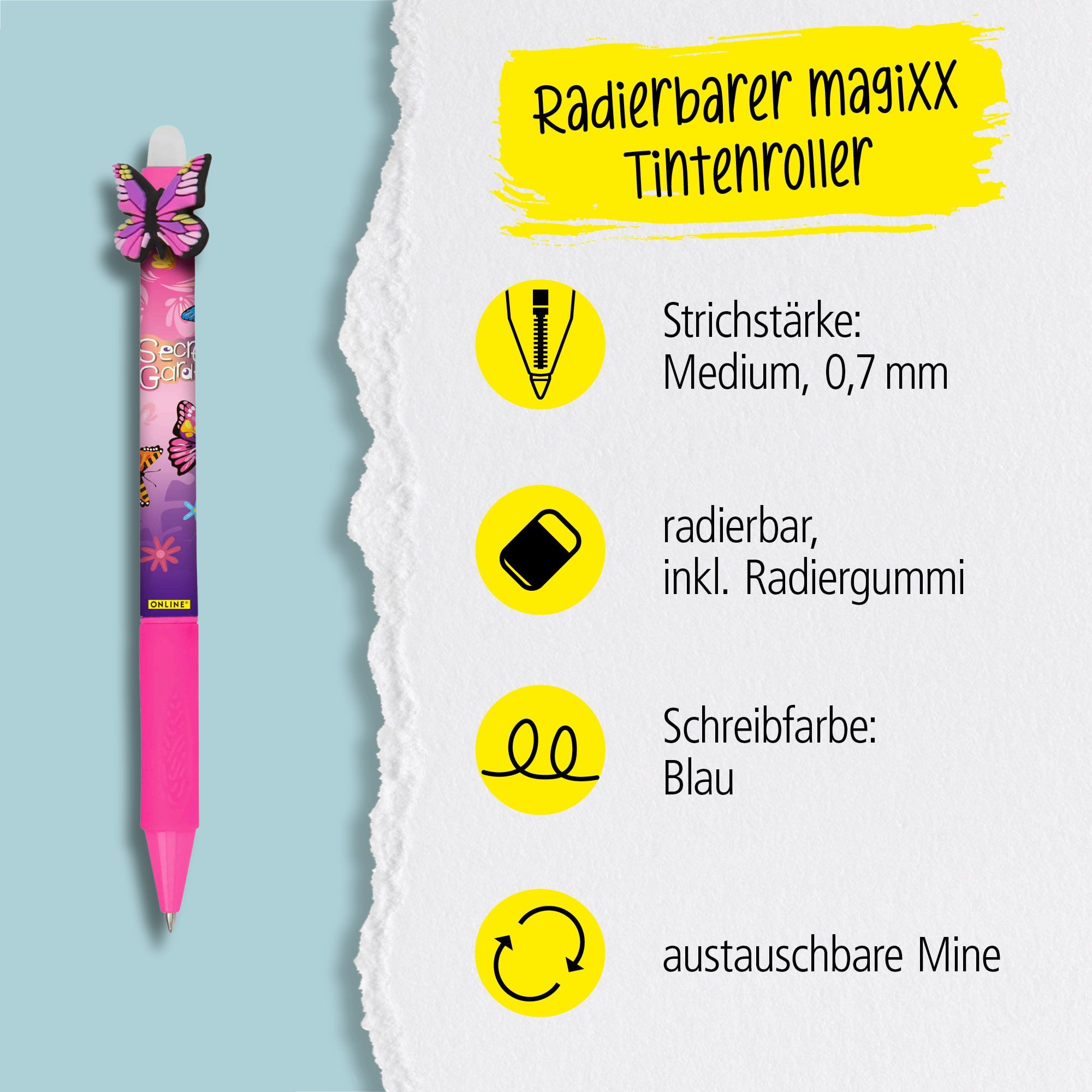 Eine austauschbare Mine und radierbare Tinte in der Schreibfarbe Blau zeichnet unsere magiXX aus